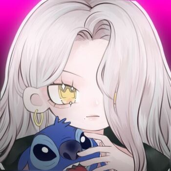  1girl 2ne1 animification chinese_commentary cl_(rapper) creature earrings hair_behind_ear hair_over_one_eye holding holding_creature jewelry k-pop light_frown lilo_&amp;_stitch miao_da_ye_ye mole mole_under_eye one_eye_covered pink_lips portrait real_life solo stitch_(lilo_&amp;_stitch) 