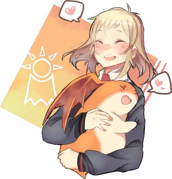  1girl :d blonde_hair blush closed_eyes digimon digimon_(creature) drawfag heart highres long_sleeves medium_hair open_mouth patamon senki_zesshou_symphogear smile spoken_heart tachibana_hibiki_(symphogear) third-party_source upper_body 