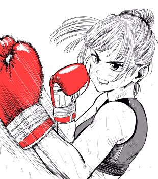  1girl boxing boxing_gloves breasts commentary_request flying_sweatdrops gloves greyscale high_ponytail highres lee_(dragon_garou) monochrome motion_lines mouth_guard original ponytail punching red_gloves serious small_breasts solo sports_bra spot_color sweat toned toned_female uppercut v-shaped_eyebrows very_sweaty 