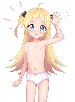  1girl absurdres blonde_hair blue_eyes bow charlotte_izoard flat_chest highres loli long_hair navel nipples panties pepzi ryuuou_no_oshigoto! solo two_side_up underwear underwear_only waving white_background white_panties 