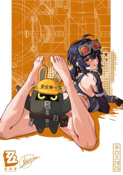  1girl 2026 absurdres ahoge arm_pouch ass bangboo_(zenless_zone_zero) barefoot black_gloves black_hair blueprint_background blush border breasts censored commentary copyright_logo copyright_name english_commentary feet feet_up from_behind gloves goggles goggles_on_head grace_howard hair_between_eyes heart highres kiros_temple large_breasts licking_lips logo looking_at_viewer looking_back lying on_stomach orange_background orange_eyes safety_(zenless_zone_zero) shoulder_blades signature smile sweat the_pose toes tongue tongue_out white_border zenless_zone_zero 