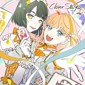  2girls 5th_live_tour_~4pair_power_spread!!!!~ :d blue_eyes blunt_bangs blunt_ends bob_cut bow bow_hairband card celebration!_(love_live!) cerise_bouquet cherry commentary_request detached_sleeves dress english_text food frilled_gloves frills fruit gloves green_eyes green_hair grey_dress hair_bow hairband hand_on_another's_shoulder highres hinoshita_kaho holding holding_card king_(playing_card) king_of_clubs link!_like!_love_live! looking_at_viewer love_live! momose_ginko multiple_girls open_mouth orange_hair orange_hairband pink_background playing_card puffy_short_sleeves puffy_sleeves short_hair short_sleeves smile strapless strapless_dress teeth throwing upper_body upper_teeth_only white_bow white_gloves zuisetsu 