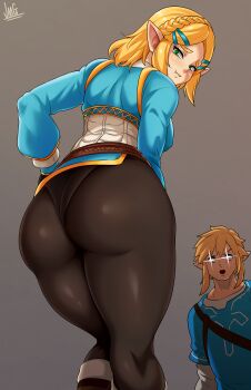  +_+ 1boy 1girl :t absurdres ass ass_focus black_pantyhose blonde_hair blue_shirt boots braid breasts brown_background brown_footwear commentary crown_braid feet_out_of_frame glowing gradient_background green_eyes grey_background hair_ornament hand_on_own_hip highres huge_ass jmg knee_boots kneepits link looking_at_viewer looking_back meme mixed-language_commentary nintendo open_mouth pants pantyhose parted_bangs pointy_ears princess_zelda see-through_clothes see-through_legwear shiny_clothes shirt short_hair signature skin_tight solo_focus standing the_legend_of_zelda the_legend_of_zelda:_breath_of_the_wild the_legend_of_zelda:_tears_of_the_kingdom thick_thighs thighs tight_clothes  rating:Questionable score:152 user:danbooru