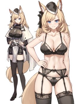  1girl absurdres animal_ear_fluff animal_ears arknights black_bra black_garter_belt black_panties black_shorts blonde_hair blue_eyes bra cape full_body garrison_cap garter_belt gongbangmanchi_(daisy_cutter) hand_on_own_hip hat highres horse_ears horse_girl horse_tail long_hair multiple_views panties shorts tail thick_eyebrows underwear underwear_only whislash_(arknights) white_background white_cape 