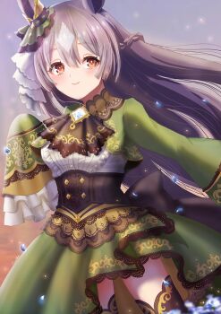  1girl animal_ears ascot black_thighhighs blush braid breasts brown_ascot brown_eyes brown_hair closed_mouth commentary dated_commentary double-parted_bangs dress ear_ornament frills green_dress green_jacket hair_between_eyes half_up_braid high-low_skirt highres horse_ears horse_girl jacket long_hair long_sleeves looking_at_viewer multicolored_hair otono_(bkt4b) satono_diamond_(natural_brilliance)_(umamusume) satono_diamond_(umamusume) sleeves_past_fingers sleeves_past_wrists smile solo streaked_hair thighhighs umamusume very_long_hair 