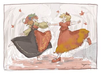 aki_minoriko aki_shizuha apron autumn_leaves blonde_hair closed_eyes commentary dress hair_ornament hat highres holding_hands koyane_(silver81106) leaf leaf_hair_ornament maple_leaf medium_hair mob_cap orange_apron orange_hat red_dress short_sleeves siblings sisters touhou 