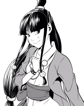  1girl ace_attorney blunt_bangs bracelet breasts coat commentary_request hair_ornament hand_on_own_chest hanten_(clothes) highres japanese_clothes jewelry kimono lee_(dragon_garou) light_blush long_hair low-tied_long_hair magatama magatama_necklace maya_fey necklace sash sidelocks small_breasts smile solo sphere_hair_ornament topknot upper_body very_long_hair 