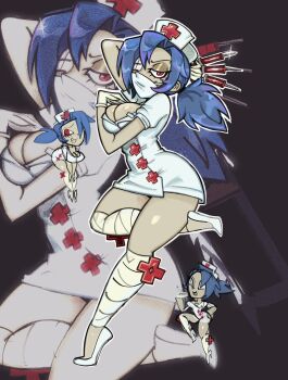  1girl black_background blue_hair boots breasts chibi chibi_inset cleavage cross dress eyepatch gloves hat highres holding holding_syringe large_breasts looking_at_viewer mask medical_eyepatch mouth_mask nurse nurse_cap plushvampy ponytail red_cross red_eyes short_sleeves skullgirls solo surgical_mask syringe valentine_(skullgirls) white_boots white_dress white_gloves white_hat 