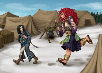  2boys animal_ears black_hair book commentary english_commentary facial_hair fire_emblem fire_emblem:_radiant_dawn goatee highres holding holding_book long_hair male_focus multiple_boys nintendo outdoors pine_tree red_eyes red_hair skrimir_(fire_emblem) snow soren_(fire_emblem) tree tuinen 