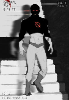  1boy abs afterimage artist_name blood camera commentary dc_comics english_commentary eobard_thawne glowing glowing_eyes grin highres jay_jay_good jayjaygood male_focus motion_blur original reverse_flash self-upload smile solo stairs superhero_costume the_flash villain_pose 