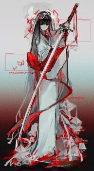  1girl aikmota_exe black_background black_hair bridal_veil bug butterfly commentary english_commentary english_text gradient_background holding holding_sword holding_weapon hood insect japanese_clothes katana kimono limbus_company long_hair long_sleeves obi project_moon red_background red_eyes red_sash ryoshu_(project_moon) sash see-through_clothes shiromuku simple_background solo standing sword uchikake veil wataboushi weapon white_background white_kimono wide_sleeves 