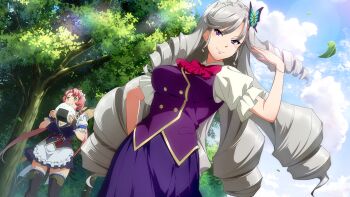  2girls :t black_gloves black_thighhighs blue_skirt blue_sky bow bracelet breasts butterfly_hair_ornament buttons chewing cleavage cloud day double-breasted drill_hair earrings eating falling_leaves fingerless_gloves floating_earrings food food_on_face frilled_gloves frilled_sleeves frills from_below game_cg gloves green_eyes grey_hair hair_ornament hairband hand_on_own_hip hand_up highres holding holding_food jewelry kandagawa_jet_girls large_breasts leaf lens_flare long_hair manpuku_kuromaru medium_breasts multiple_girls naruko_hanaharu non-web_source official_art ojou-sama onigiri outdoors oversized_food oversized_object purple_eyes quad_drills red_bow rolling_pin shijuuin_kaguya skirt sky sunlight thighhighs tree twin_drills very_long_hair white_hairband zettai_ryouiki 