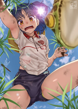  1girl artist_logo black_hair blue_sky brown_eyes bug buruma commentary_request day dragonfly frog gym_uniform hair_tie hat highres insect lens_flare logo looking_at_viewer open_mouth original outdoors pairan panties panties_under_buruma panty_peek rice_planting short_hair sky solo straw_hat sun sweatdrop teeth underwear upper_teeth_only 
