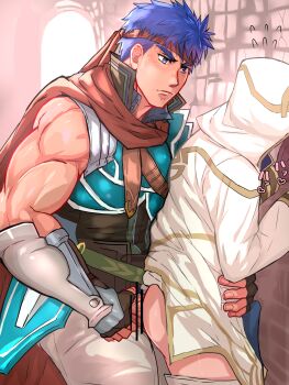  2boys against_wall anal bahamuto1 bara blue_eyes blue_hair cape censored clothed_sex clothes_pull commentary_request commission fire_emblem fire_emblem:_radiant_dawn fire_emblem_heroes headband highres hood hood_up hooded_coat ike_(fire_emblem) ike_(vanguard_legend)_(fire_emblem) kiran_(fire_emblem) male_focus male_kiran_(fire_emblem) multiple_boys muscular muscular_male nintendo pants pants_pull penis pixiv_commission pointless_censoring red_cape red_headband sex standing standing_sex variant_set yaoi 