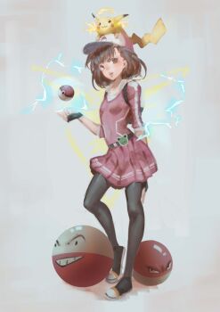  1girl :3 absurdres bag baseball_cap belt black_belt black_gloves black_pantyhose breasts brown_eyes brown_hair commentary cosplay creature_on_head dress elbow_sleeve electricity electrode_(pokemon) electrokinesis female_protagonist_(pokemon_go) female_protagonist_(pokemon_go)_(cosplay) fingerless_gloves full_body gekota gen_1_pokemon gloves grey_background hand_up hat highres krin_(krinnin) light_blush looking_at_viewer medium_hair misaka_mikoto nintendo on_head open_mouth pantyhose pikachu pink_dress poke_ball pokemon pokemon_(creature) pokemon_go power_connection shadow short_dress simple_background small_breasts solo standing teeth toaru_kagaku_no_railgun toaru_majutsu_no_index voltorb 