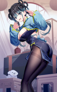  1girl aqua_eyes aqua_hair ass black_hair black_pantyhose breasts chinese_clothes cleavage commentary_request hair_rings hands_up highres indoors large_breasts looking_at_viewer multicolored_hair open_mouth original pantyhose ririko_(zhuoyandesailaer) short_hair_with_long_locks smile solo standing thighband_pantyhose 