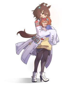  2girls absurdres aged_down agnes_tachyon_(tach-nology)_(umamusume) agnes_tachyon_(umamusume) ahoge animal_ears black_necktie black_pantyhose blue_dress blush boots bow brown_hair carrying carrying_person chemical_structure closed_eyes closed_mouth coat commentary cork daiwa_scarlet_(umamusume) dress earrings english_commentary fang hair_between_eyes hair_bow highres horse_ears horse_girl horse_tail jewelry lab_coat long_sleeves medium_hair multiple_girls necktie open_mouth pantyhose red_bow red_eyes red_shoes rizumah shirt shoes short_hair single_earring skin_fang sleeves_past_fingers sleeves_past_wrists smile socks sweater sweater_vest tail test_tube umamusume umamusume_horse_relations white_boots white_coat white_socks wolf_cut yellow_sweater yellow_sweater_vest 