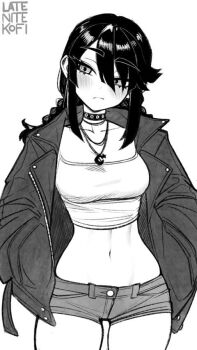  1girl 2026 :3 animated artist_name audible_music black_hair black_shorts blinking blush braid breasts choker closed_mouth coat commentary cowboy_shot english_commentary female_focus groin hair_over_one_eye hands_in_pockets jacket jewelry latenitekofi long_hair long_sleeves looking_at_viewer looping_animation low-braided_long_hair low-tied_long_hair medium_breasts midriff monochrome music navel necklace open_clothes open_jacket original reina_(latenitekofi) shirt short_shorts shorts simple_background sleeveless sleeveless_shirt smile solo sound spaghetti_strap standing thick_thighs thighhighs thighs video white_background 