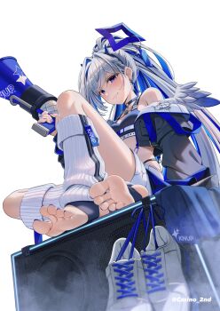  1girl amane_kanata amane_kanata_(lock_on) black_jacket blue_eyes blush casino_(casinoep) colored_inner_hair crop_top earrings feathered_wings from_below full_body grey_hair halo highres holding holding_megaphone hololive jacket jewelry knee_up leg_warmers long_hair megaphone multicolored_hair official_alternate_costume open_clothes open_jacket ponytail shoes simple_background sitting solo stirrup_legwear toeless_legwear unworn_shoes very_long_hair white_background wings 