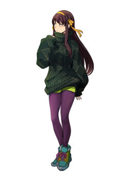  brown_eyes brown_hair frown full_body green_shorts green_sweater hairband hand_up highres long_hair pantyhose purple_pantyhose puyo_(puyotopia) shoes short_shorts shorts sidelocks simple_background sneakers standing suzumiya_haruhi suzumiya_haruhi_no_yuuutsu sweater turtleneck turtleneck_sweater white_background yellow_hairband 
