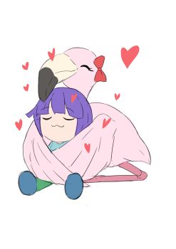  1boy :3 absurdres bird blue_shirt bow chibi child closed_eyes closed_mouth cru flamingo heart highres hug kobayashi-san_chi_no_maidragon magatsuchi_shouta on_floor purple_hair shirt simple_background sitting sketch smile  rating:General score:12 user:Flamingo123