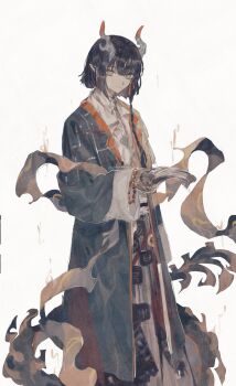  1girl arknights bead_bracelet beads black_hair bracelet closed_mouth coat colored_extremities dragon_horns earrings feet_out_of_frame grey_eyes highres holding horns jewelry jie_(arknights) long_braid long_sleeves orange_pupils pointy_ears short_hair simple_background slit_pupils solo stariwei tail very_long_tail wide_sleeves 