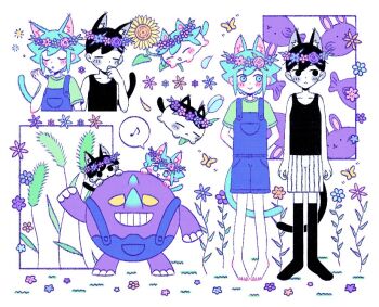  2727_onigiri 3boys :> :< :d animal animal_ear_fluff animal_ears animalization aqua_eyes aqua_hair aqua_tail arms_at_sides arms_behind_back bare_arms bare_legs bare_shoulders barefoot basil_(headspace)_(omori) basil_(omori) black_eyes black_hair black_shorts black_tail black_tank_top black_thighhighs blue_flower blue_overalls blue_petals blue_tulip blush boss_(omori) bug butterfly buttons cat cat_boy cat_ears cat_tail closed_eyes closed_mouth collarbone colored_sclera colored_skin cropped_torso empty_eyes extra_ears facing_viewer fish fish_bunny_(omori) flower flower_wreath full_body green_shirt grin hair_behind_ear hand_up hashtag-only_commentary head_wreath insect kemonomimi_mode leaf looking_to_the_side multiple_boys multiple_views musical_note no_pupils omori omori_(omori) open_mouth orange_flower overall_shorts overalls parted_lips person_and_animalization pigeon-toed pink_flower pink_rose pocket purple_flower purple_rose purple_skin rabbit rose shirt short_hair short_sleeves shorts sidelocks simple_background smile spoken_musical_note standing straight-on striped_clothes striped_shorts tail tank_top thighhighs toes triangle_mouth tulip two-tone_shorts u_u vertical-striped_clothes vertical-striped_shorts very_short_hair waving white_background white_shorts white_skin yellow_butterfly yellow_sclera 