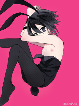  1boy animal_ears baoshi_xiao_niao bdsm black_eyes black_hair black_leotard bondage bound bound_wrists character_request chinese_commentary commentary_request copyright_request covered_mouth fake_animal_ears feet_out_of_frame fishnet_pantyhose fishnets highres knees_up legs_up leotard leotard_pull looking_at_viewer male_focus male_playboy_bunny pantyhose pink_background rabbit_tail short_hair solo tail 