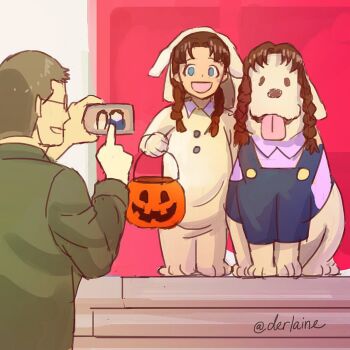  1girl 2019 2boys alexander_(fma) alexander_tucker all_fours animal artist_name blue_eyes cellphone clothed_animal derlaine dog glasses green_jacket halloween halloween_costume jacket long_brown_hair multiple_boys nina_tucker open_mouth phone shou_tucker sitting smartphone smile standing tongue tongue_out trick_or_treat  rating:General score:4 user:randomwriter391