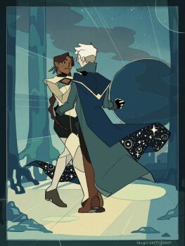  1boy 1girl 2024 alternate_skin_color animated animated_gif black_gloves blue_cape blue_coat boots braid braided_ponytail breasts brown_boots brown_hair cape cleavage cleavage_cutout clothing_cutout coat commentary dancing dark-skinned_female dark_skin english_commentary glasses gloves hair_ribbon high_heel_boots high_heels knee_boots looping_animation medium_breasts percival_fredrickstein_von_musel_klossowski_de_rolo_iii pointy_ears ribbon round_eyewear signature single_braid sixofclovers the_legend_of_vox_machina tree two-sided_cape two-sided_fabric unmoving_pattern vex'ahlia_vessar white_gloves white_hair 