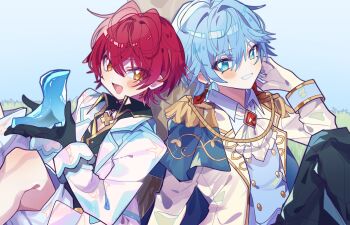  2boys ascot black_gloves black_pants blue_eyes blue_hair blue_sky blush_stickers brooch diamond-shaped_brooch earrings gloves hair_between_eyes hand_up highres holding holding_shoes holding_unworn_clothes jacket jewelry knight_a lapis_(meteorites) long_sleeves looking_at_viewer male_focus meteorites_(stpr) multiple_boys open_clothes open_jacket open_mouth pants pitupituta red_eyes shoes shorts single_blush_sticker sky smile tassel tassel_earrings unworn_shoes vau_(utaite) white_ascot white_background white_shorts yellow_eyes 