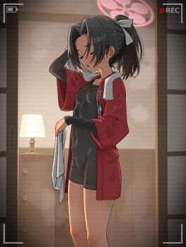  1girl battery_indicator black_hair blue_archive breasts cameltoe closed_eyes commentary_request covered_erect_nipples covered_navel dark-skinned_female dark_skin halo holding holding_towel jacket lamp layered_sleeves loli long_sleeves open_mouth pink_halo ponytail recording red_jacket rickshaw_student_(blue_archive) scanlines short_hair short_over_long_sleeves short_sleeves small_breasts solo special_cat towel towel_around_neck variant_set viewfinder voyeur_pov voyeurism 