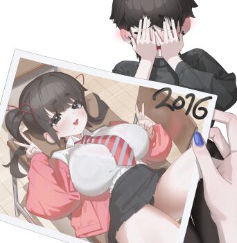  2girls absurdres black_eyes black_nails black_panties black_skirt blue_nails bra_visible_through_clothes breasts brown_hair closed_eyes commentary_request covering_own_face desk double_v embarrassed from_above highres huge_breasts long_hair lying mixed-language_commentary mole mole_under_eye mole_under_mouth multiple_girls nail_polish necktie on_back open_mouth original panties pantyshot photo_(object) pleated_skirt pov pov_hands rene_(tagua) school_desk shirt short_hair simple_background skirt solo_focus striped_clothes striped_necktie tagua teeth twintails underwear upper_teeth_only v white_background white_shirt 