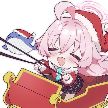  1girl ahoge blue_archive chibi closed_eyes halo hat hoshino_(blue_archive) long_hair necktie open_mouth pink_hair pink_halo pleated_skirt rishe_(reeeeshe) santa_hat skirt white_background 