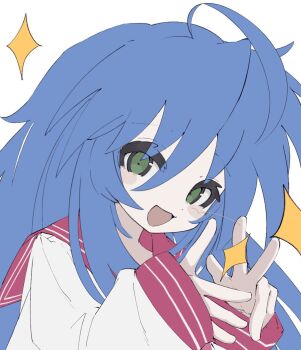  1girl :3 :d ahoge bad_id bad_twitter_id blue_hair green_eyes hands_up highres izumi_konata kuro_yagi_(usosakana) long_hair long_sleeves looking_at_viewer lucky_star neckerchief open_mouth red_neckerchief ryouou_school_uniform school_uniform shirt sleeves_past_wrists smile solo sparkle upper_body white_background white_shirt 