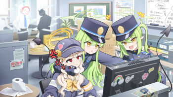  +++ 2boys 3girls :d anger_vein aoba_(blue_archive) armband black_jacket black_pants black_suit_(blue_archive) black_tail blue_archive blue_hat blue_jacket blue_necktie bow bowtie box cardboard_box closed_mouth commentary computer demon_girl demon_tail doodle_sensei_(blue_archive) earrings fang garados_(limmjiiiminnn99) gloves green_hair green_halo halo hat heart highres hikari_(blue_archive) indoors jacket jewelry long_hair long_sleeves low_twintails monitor multiple_boys multiple_girls necktie newsboy_cap nozomi_(blue_archive) office open_mouth pants peaked_cap photo-referenced pointy_ears red_eyes sensei_(blue_archive) shako_cap shirt siblings sitting skin_fang smile suit_jacket tail toilet_paper twins twintails white_gloves white_hair white_shirt yellow_armband yellow_bow yellow_bowtie yellow_eyes yellow_halo 