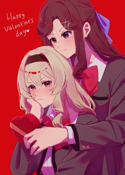  2girls :/ behind_another blonde_hair blush bow bowtie box brown_hair chin_rest closed_mouth commentary grey_jacket hair_between_eyes hair_bow hair_ornament half_updo hand_on_own_cheek hand_on_own_face hand_up happy_valentine head_on_head head_rest heart heart-shaped_box highres holding holding_box jacket light_smile long_hair long_sleeves looking_ahead looking_at_another multiple_girls open_clothes open_jacket parted_bangs pink_eyes purple_bow purple_eyes raven_(rnzraven) red_background red_bow red_bowtie saijou_claudine school_uniform seishou_music_academy_uniform shirt shoujo_kageki_revue_starlight sidelocks simple_background tendou_maya untranslatable_commentary upper_body v-shaped_eyebrows valentine white_shirt x_hair_ornament 