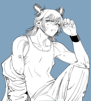  1boy absurdres bandage_on_face bandages collarbone cowboy_shot double_bun ear_piercing greyscale_with_colored_background hair_bun hashtag-only_commentary highres jujutsu_kaisen kashimo_hajime kimdoki male_focus piercing solo tank_top toned toned_male 