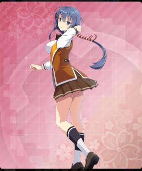  1girl aqua_eyes bare_legs black_bow black_bowtie blue_hair blue_socks bow bowtie breasts brown_shoes brown_skirt brown_vest closed_mouth double-parted_bangs floral_background foot_out_of_frame from_side game_cg hair_ornament hair_ribbon hairclip hand_in_own_hair hand_up kneehighs large_breasts long_hair long_sleeves looking_at_viewer looking_to_the_side low_ponytail mole mole_under_eye official_art osafune_girls_academy_school_uniform pink_background ponytail red_ribbon ribbon school_uniform setouchi_chie shirt shoes sidelocks skirt smile socks solo standing standing_on_one_leg striped_ribbon third-party_source toji_no_miko toji_no_miko:_kizamishi_issen_no_tomoshibi two-tone_socks vest white_shirt white_socks 