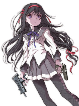  1girl akemi_homura akemi_homura_(magical_girl) argyle_clothes argyle_pantyhose black_hair black_pantyhose blue_ribbon commentary dutch_angle grey_skirt gun hair_ribbon handgun highres holding holding_gun holding_weapon iwi_jericho_941 long_hair mac-10/11 mahou_shoujo_madoka_magica mahou_shoujo_madoka_magica_(anime) marutaya neck_ribbon pantyhose pleated_skirt purple_eyes red_ribbon ribbon simple_background skirt solo standing submachine_gun weapon white_background 