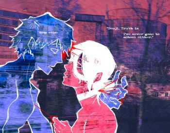  1boy 1girl blood breasts chainsaw_man choker denji_(chainsaw_man) english_text eye_contact foreignbread grenade_pin hair_bun highres imminent_explosion looking_at_another medium_breasts pull_cord reze_(chainsaw_man) short_hair sparks 