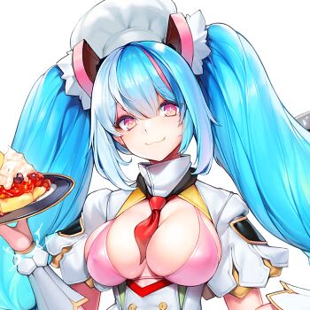  1girl :3 arm_guards aurora_(last_origin) between_breasts bikini bikini_top_only blue_eyes blush breasts chef chef_hat cleavage cleavage_cutout closed_mouth clothing_cutout covered_erect_nipples dessert dress electricity eyebrows_hidden_by_hair eyelashes female_focus food game_cg hair_between_eyes hat head_ornament head_tilt high_collar large_breasts last_origin long_hair looking_at_viewer multicolored_hair necktie necktie_between_breasts official_art pink_bikini pink_eyes pink_hair plate red_necktie revealing_clothes serving short_necktie short_sleeves sidelocks skindentation smile snowball22 star-shaped_pupils star_(symbol) streaked_hair swimsuit symbol-shaped_pupils transparent_background twintails upper_body white_hat 