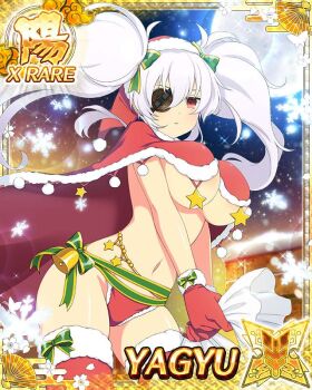  bikini breast_curtains breasts cape card_(medium) christmas eyepatch fur-trimmed_bikini fur-trimmed_cape fur-trimmed_gloves fur-trimmed_headwear fur_trim game_cg gloves hat holding holding_sack large_breasts leaning_forward light_frown long_hair looking_at_viewer merry_christmas navel non-web_source official_alternate_costume official_art red_bikini red_cape red_eyes red_gloves red_hat red_thighhighs sack santa_bikini santa_costume santa_hat senran_kagura senran_kagura_new_wave shuriken shuriken_hair_ornament swimsuit thighhighs twintails underboob weapon white_hair yagyu_(senran_kagura) 