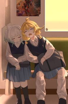  2girls absurdres ahoge alternate_costume among_us aqua_hair bag bench black_shoes black_vest blue_skirt closed_eyes crewmate_(among_us) dokibird dokibird_(school_uniform) drooling feet_out_of_frame gradient_hair h000000mpa highres indie_virtual_youtuber leaning_on_person long_sleeves medium_hair mint_fantome multicolored_hair multiple_girls pleated_skirt poster_(object) school_uniform shirt shoes sitting skirt sleeping train_interior triangular_headpiece twintails vest virtual_youtuber white_hair white_shirt 