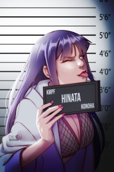  1girl absurdres barbie_(franchise) barbie_(live_action) barbie_mugshot_(meme) blue_hair breasts cleavage cocked_eyebrow commentary crop_top english_commentary height_mark highres holding holding_sign hood hooded_jacket hyuuga_hinata iamdslr jacket large_breasts long_hair meme midriff mugshot nameplate naruto:_road_to_ninja naruto_(series) naruto_shippuuden one_eye_closed open_clothes open_jacket purple_eyes raised_eyebrow sign solo tongue tongue_out upper_body 