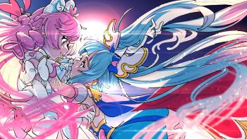  2girls blue_eyes blue_hair commentary_request commission cure_prism cure_sky dress eye_contact green_eyes highres hirogaru_sky!_precure long_hair looking_at_another magical_girl miko_embrace multicolored_hair multiple_girls nijigaoka_mashiro nukosann parted_lips pink_hair precure skeb_commission smile sora_harewataru two-tone_hair very_long_hair yuri 