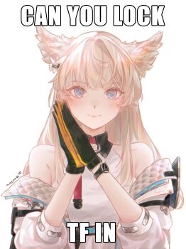  1girl animal_ears arknights arknights:_endfield bare_shoulders black_gloves blue_eyes can_you_lock_the_fuck_in_(meme) commentary english_commentary english_text gloves highres image_macro_(meme) impact_(font) jacket long_hair looking_at_viewer meme neema_(oneemasan) off_shoulder open_clothes open_jacket own_hands_together perlica_(arknights) simple_background sleeveless smile solo upper_body white_background white_jacket 