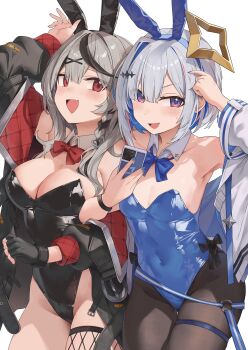  2girls absurdres amane_kanata animal_ear_hairband animal_ears black_gloves black_hair black_leotard black_pantyhose blue_hair blue_leotard breasts cleavage commentary_request covered_navel detached_collar fake_animal_ears fingerless_gloves fishnet_thighhighs fishnets gloves grey_hair hair_ornament hairband highres hololive jacket kaguya_(srx61800) large_breasts leotard multicolored_hair multiple_girls off_shoulder pantyhose rabbit_ears sakamata_chloe single_thighhigh small_breasts streaked_hair thigh_strap thighhighs virtual_youtuber white_jacket x_hair_ornament 