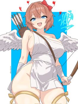  arrow_(projectile) blue_eyes bottomless bow breasts brown_hair cupid doki_doki_literature_club drawlab33t feathered_wings from_below hair_bow heart highres large_breasts leg_ribbon looking_at_viewer no_bra no_panties open_mouth ribbon sayori_(doki_doki_literature_club) short_hair skindentation thick_thighs thigh_ribbon thighs white_wings wings yellow_ribbon 
