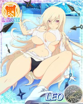  1girl aquarius_(symbol) aries_(symbol) attack black_panties blonde_hair blush breasts cancer_(symbol) capricorn_(symbol) card_(medium) character_name christmas_tree cleavage dodecagram gemini_(symbol) hair_between_eyes ice ice_skates kunai large_breasts leo_(senran_kagura) leo_(symbol) libra_(symbol) long_hair looking_at_viewer miniskirt navel official_art panties pisces_(symbol) purple_eyes sagittarius_(symbol) school_emblem scorpio_(symbol) senran_kagura senran_kagura_new_wave shuriken skates skating_rink skirt solo sweater taurus_(symbol) torn_clothes torn_skirt torn_sweater underwear very_long_hair virgo_(symbol) weapon white_skirt white_sweater zodiac_wheel 